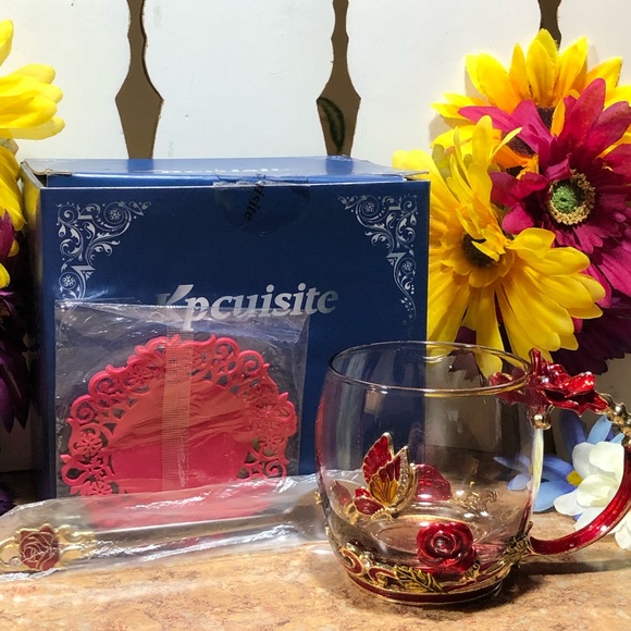 New Kpcuistic Red Rose & Butterfly Tea/Coffee Mug W/Silver Spoon & Coaster - Picture 1 of 11